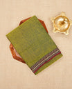 Lime green colour Narayanapattu Cotton Saree Featuring a plain  body, grey  & maroon colour mango designed  border, contrast striped pallu, Paired with a matching blouse piece.