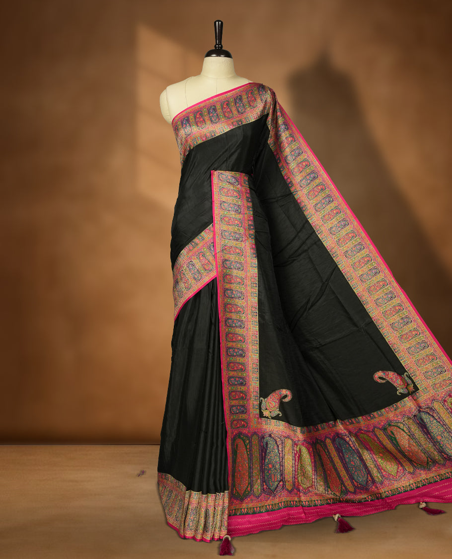 Black Pashmina Silk Saree with Plain Body, Adorned with Multicolor Paisley and Floral Motifs on Vibrant Pink-Green Zari Border & Grand Pallu, Paired with Matching Blouse Piece