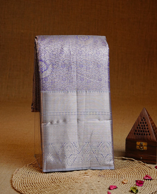 Violet & Gold Double shade Semi Tissue Silk saree featuring Light gold Kodi pattern on body, complemented by Contrast Lavender with gold zari border, paired with matching blouse piece.