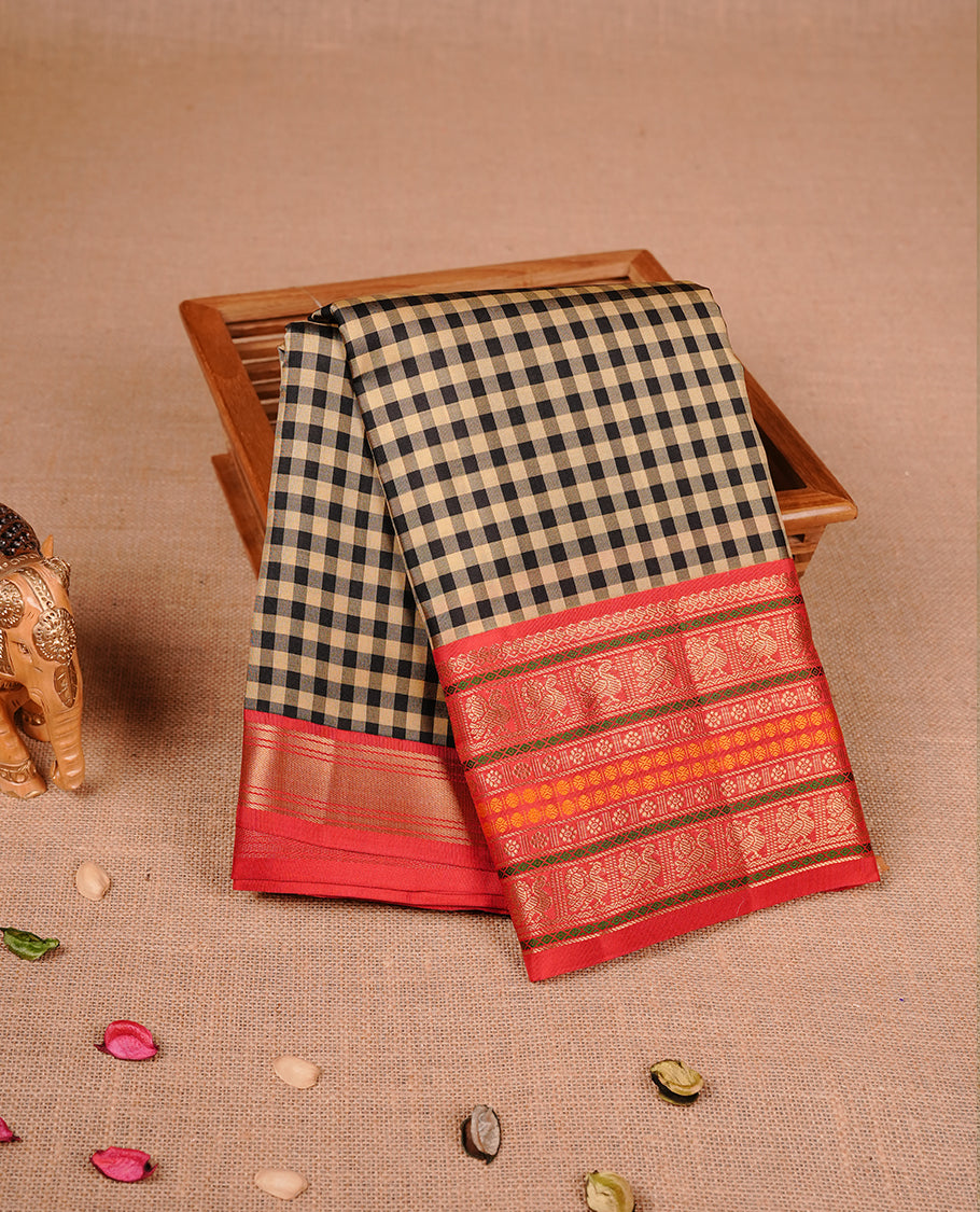 Black & beige colour traditional kancheepuram silk saree featuring check pattern on body, complemented by contrast multicolour with gold zari traditional border, paired with matching blouse piece.