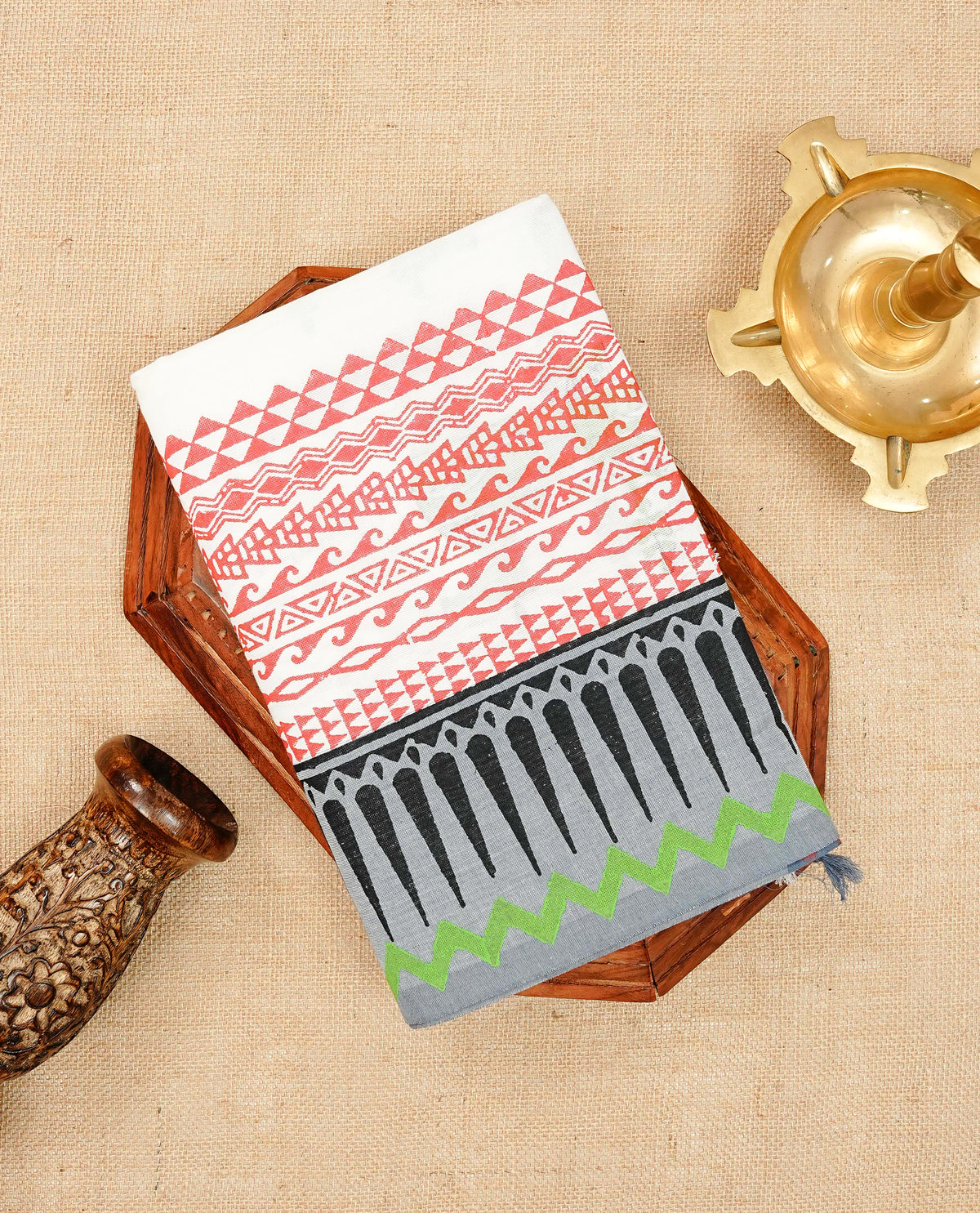Off-White colour  Chettinad Cotton Saree featuring a printed body, beautifully complemented by a contrast grey border with prints, paired with a matching blouse piece