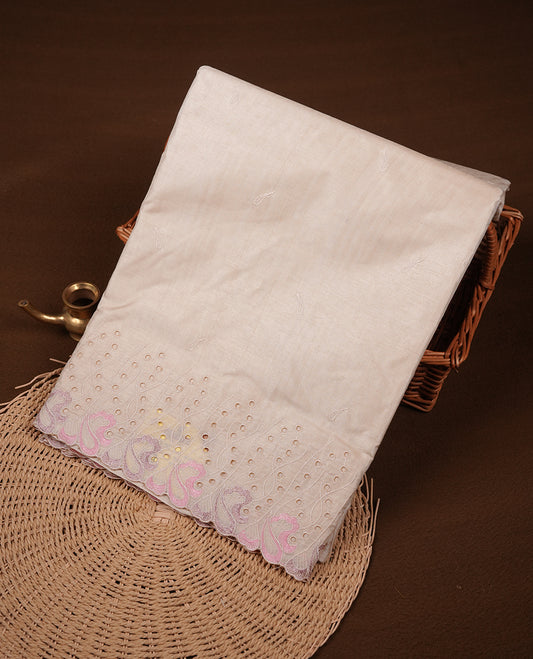 Beige colour Tussar silk saree featuring Elegant plain body, highlighting pink colour thread worked scalp border, pallu and paired with matching blouse piece.