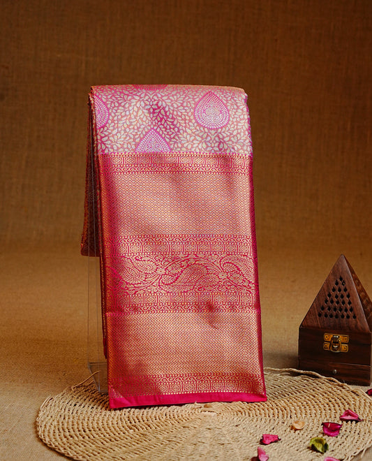 Magenta & Gold Double shade Semi Tissue Silk saree featuring Light gold Kodi pattern on body, complemented by Contrast Magenta with gold zari border, paired with matching blouse piece.