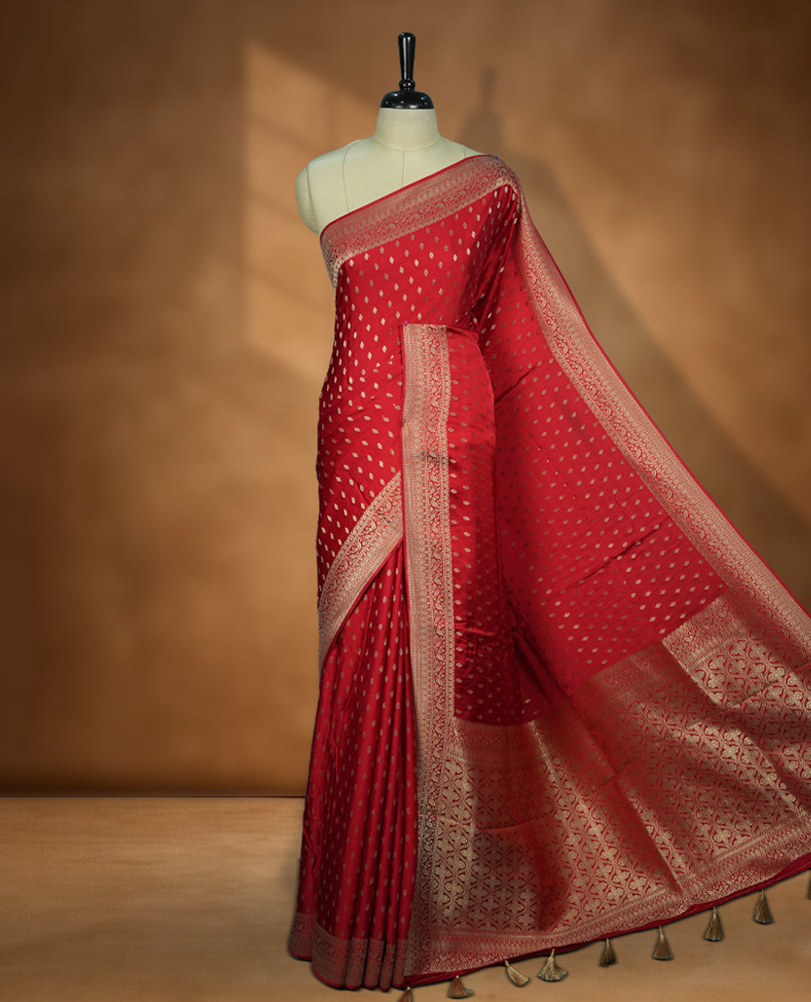 Red Colour semi Banaras satin crepe saree with Silver Zari Buti Motifs, Traditional Gold Border, Elaborate Woven Pallu, Decorative Tassels, with Matching Blouse