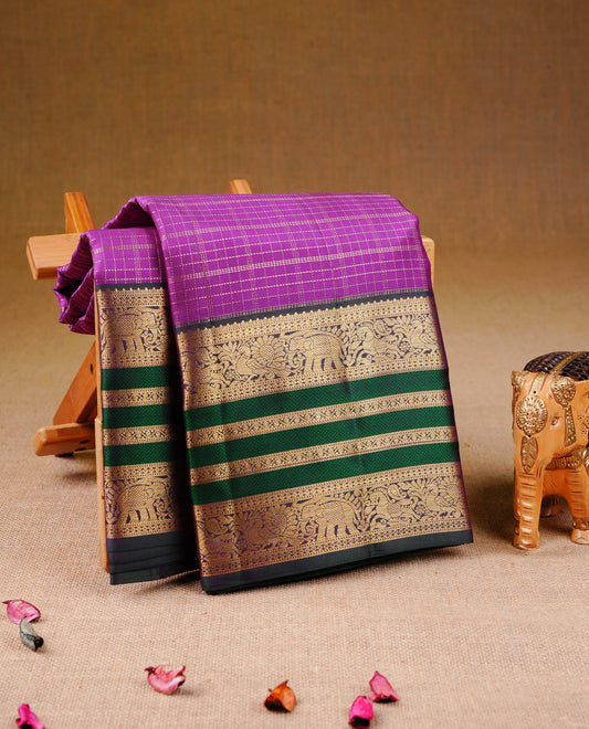 Royal Purple colour Kancheepuram Silk Saree with Gold Zari Checks on body, Contrast Green colour with Gold Zari Border & Rich Woven Pallu, Paired with a matching blouse piece