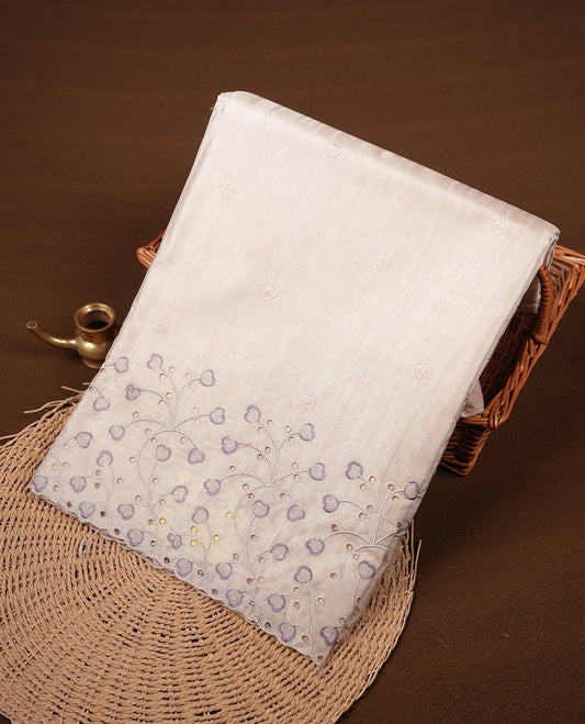 Beige colour Tussar silk saree featuring Elegant plain body, highlighting Lavender colour thread floral kodi worked scalp border, pallu and paired with matching blouse piece.