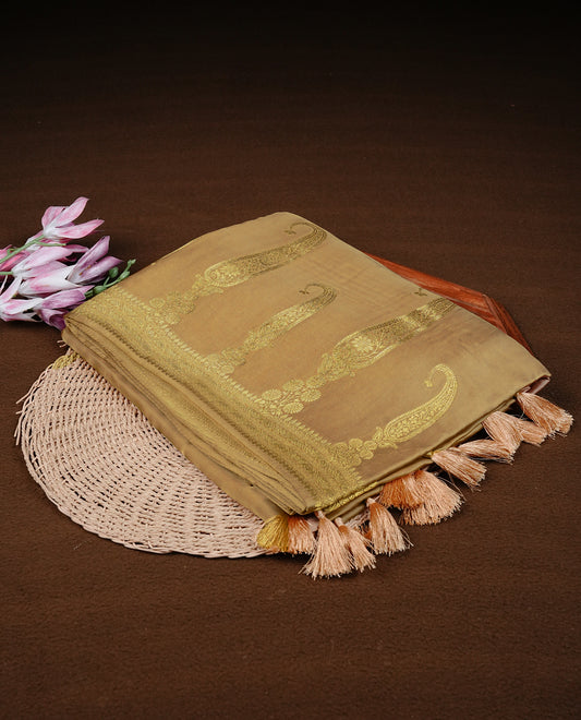 Beige colour Banaras satin crepe silk saree featuring Plain body, associate with Gold zari traditional border, comes with matching blouse piece.