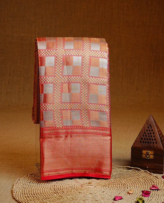 Red & Gold Double shade Semi Tissue Silk saree featuring Light gold & silver Box pattern on body, complemented by Contrast Red with gold zari border, paired with matching blouse piece.