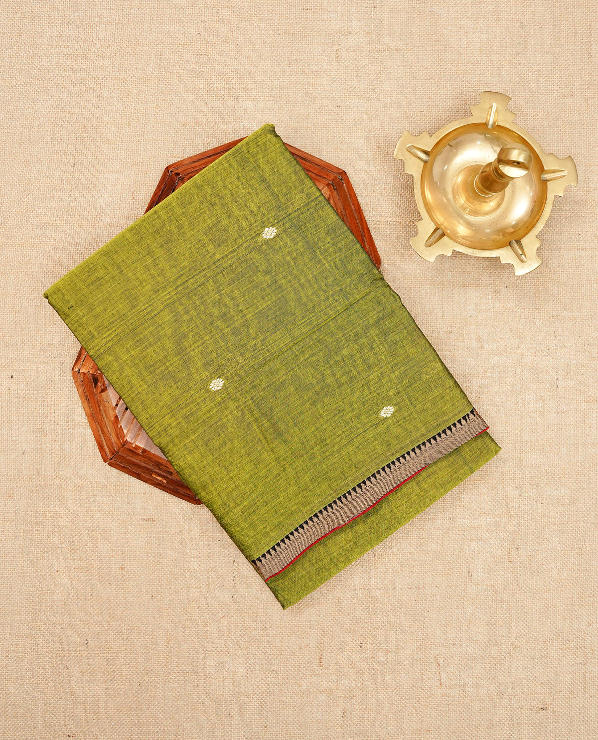 Lime Green colour Narayanapattu Cotton Saree Featuring  Cream Colour Buttas on body, grey  colour temple designed  border, contrast striped pallu, Paired with a matching blouse piece.