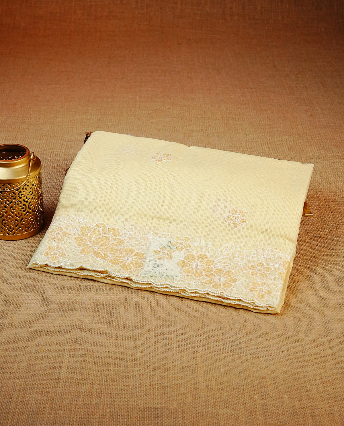 Pastel Yellow colour Net Kota Designer saree.