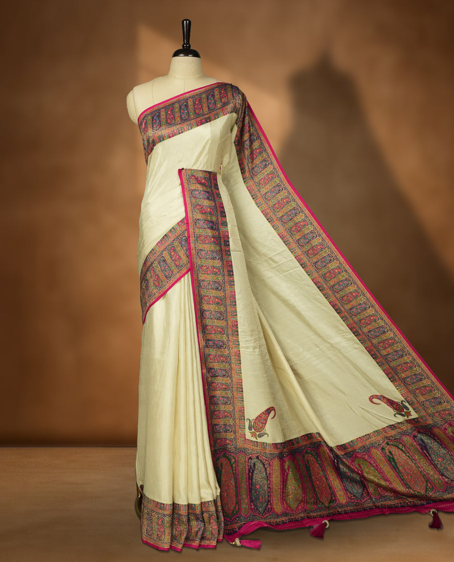 Cream Pashmina Silk Saree with Plain Body, Adorned with Intricately Woven Multicolor Paisley and Floral Motifs on Vibrant Pink-Gold Zari Border & Grand Pallu, Paired with Matching Blouse Piece