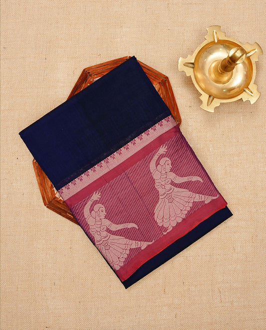 Navy blue Colour Narayanapattu Cotton Saree with a Plain Body, featuring  maroon with Contrast Beige Dancing Lady Motifs on Border and Contrast pallu. Paired with a Matching  blouse piece.