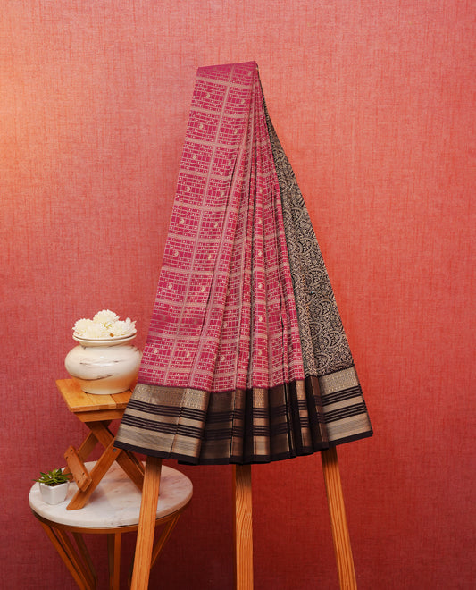 Rose pink colour silk saree featuring gold zari buttas and checks on body, contrast brown with gold zari traditional border, contrast grand pallu comes with matching blouse piece .
