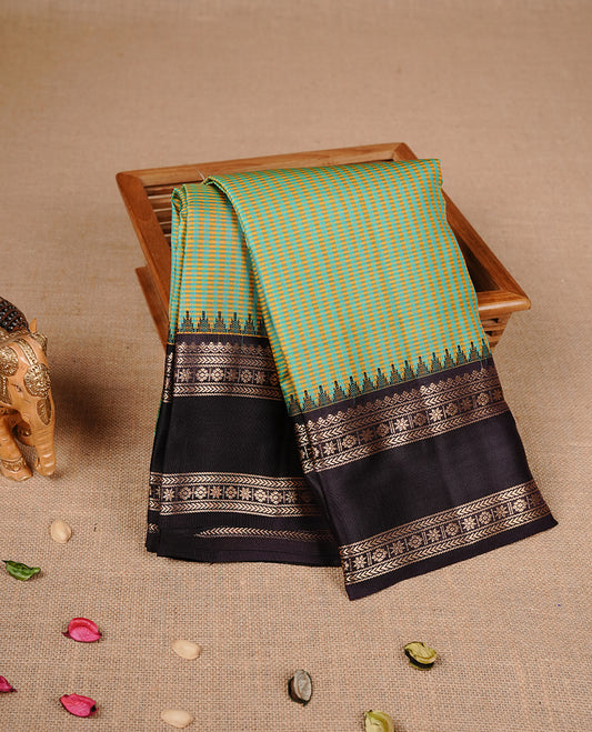 Yellow & green  colour traditional kancheepuram silk saree featuring check pattern on body, complemented by contrast deep purple colour with gold zari traditional border, paired with matching blouse piece.