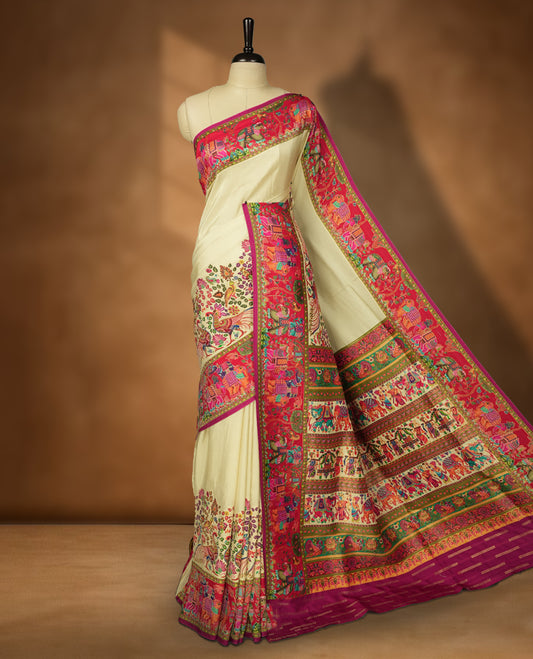 Cream Pashmina Silk Saree with Plain Body, Vibrant Multicolor Embroidered Elephant and Floral Motifs on Contrasting Pink Zari Border & Pallu, Paired with Matching Blouse Piece