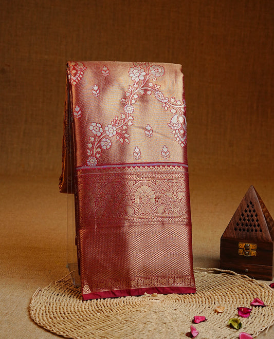 Maroon & Gold Double shade Semi Tissue Silk saree featuring Light gold Kodi pattern on body, complemented by Contrast Maroon with gold zari border, paired with matching blouse piece.