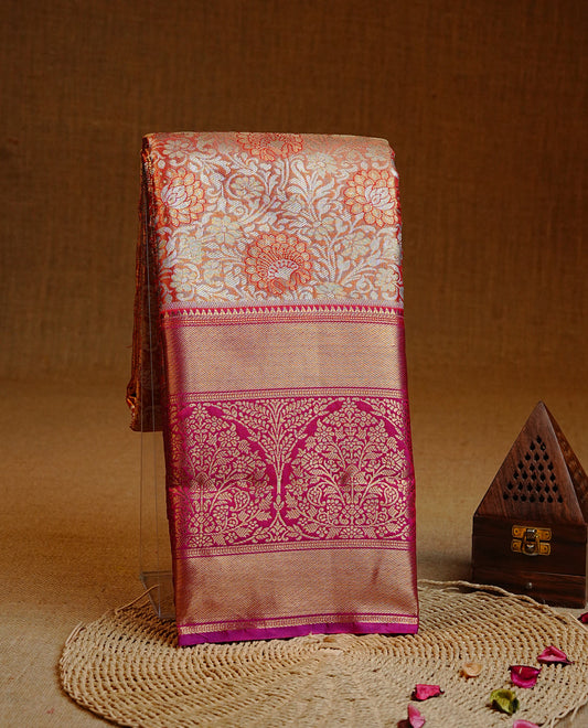 Orange & Gold Double shade Semi Tissue Silk saree featuring Light gold Kodi pattern on body, complemented by Contrast Purple with gold zari border, paired with matching blouse piece.