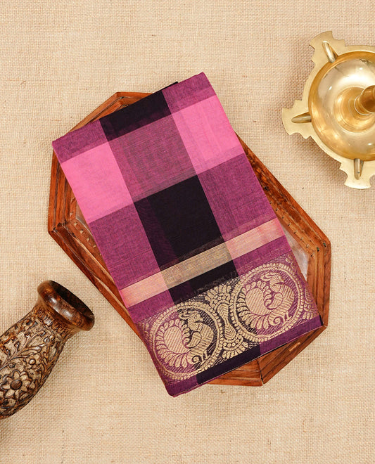 Magenta & Dark brown colour chettinad cotton saree featuring check pattern on body, complemented by Self Colour with gold zari border, comes with matching blouse piece.