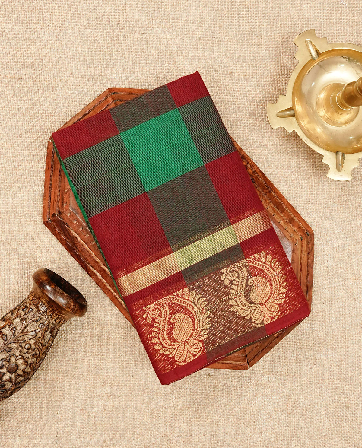 Maroon & green colour chettinad cotton saree featuring check pattern on body, complemented by Self Colour with gold zari border, comes with matching blouse piece.