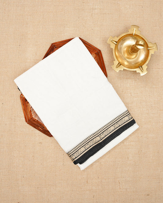 Off White colour Narayanapattu cotton saree with a plain body, complemented by a Black colour border featuring beige peacock and elephant motifs & a contrast pallu, paired with a matching blouse piece.