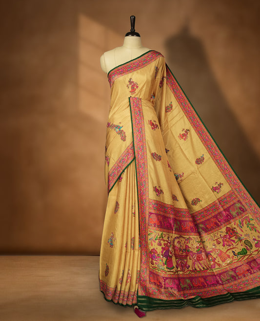 Beige Pashmina Silk Saree with Intricate Embroidered Buti Work on Body, Featuring Multicolor Dancer and Floral Motifs on Vibrant Pink-Green Zari Border & Grand Pallu, Paired with Matching Blouse Piece