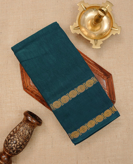 Teal Green  Colour Sungudi Cotton Saree with gold zari coin motifs on the body, a matching gold zari border, and a striped gold zari pallu. Paired with a contrast maroon blouse featuring a gold zari border.