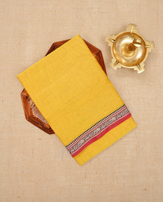 Yellow colour Narayanapattu cotton saree with a plain body, complemented by a red colour border featuring beige peacock and elephant motifs & a contrast pallu, paired with a matching blouse piece.