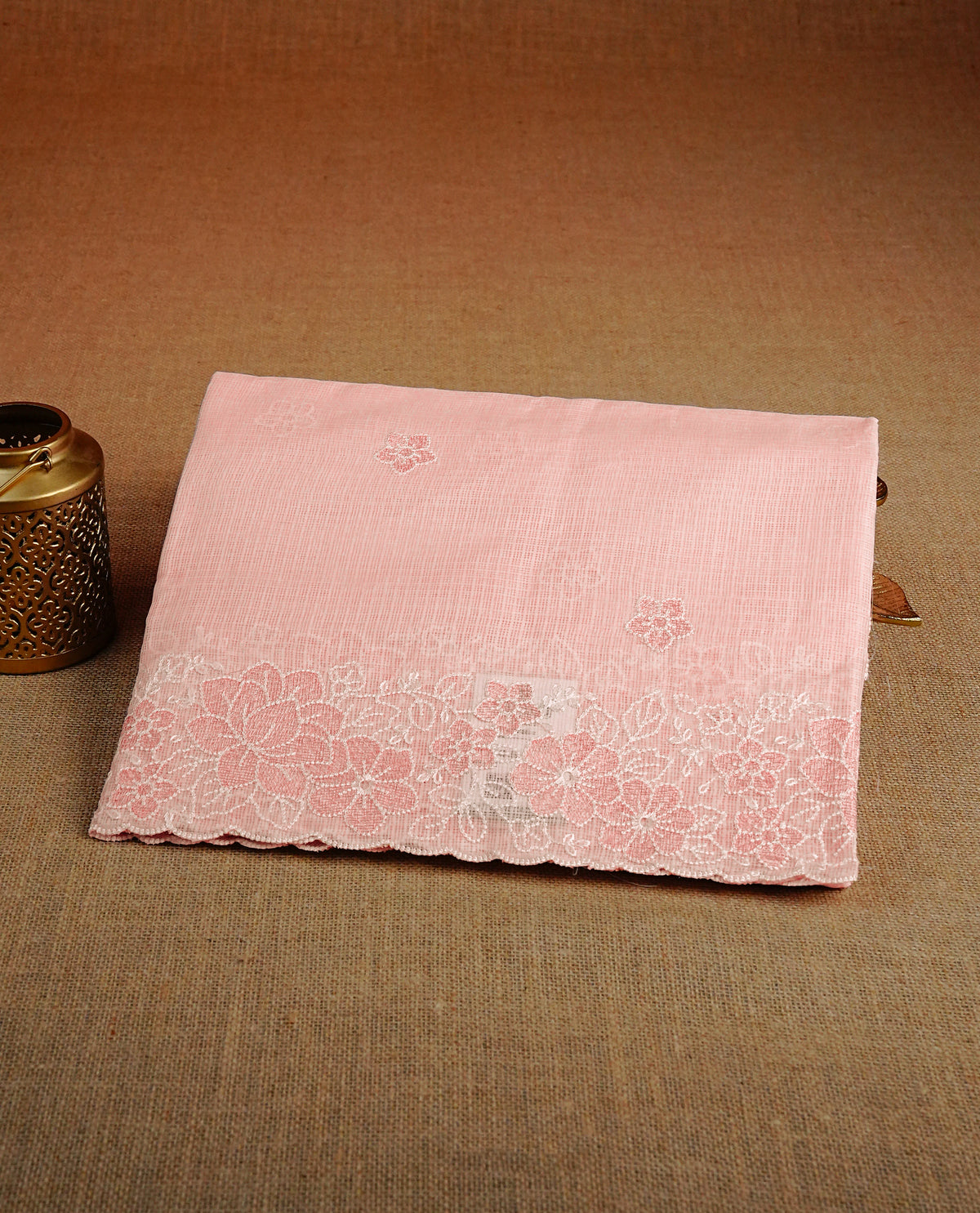 Pastel Peach colour Net Kota Designer saree.
