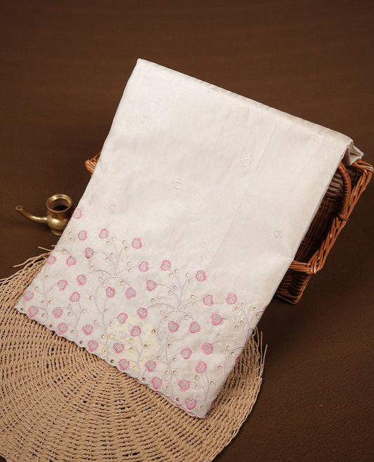 Beige colour Tussar silk saree featuring Elegant plain body, highlighting Pink colour thread floral kodi worked scalp border, pallu and paired with matching blouse piece.