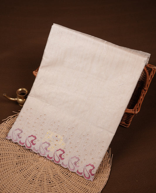 Beige colour Tussar silk saree featuring Elegant plain body, highlighting Mauve colour thread worked scalp border, pallu and paired with matching blouse piece.