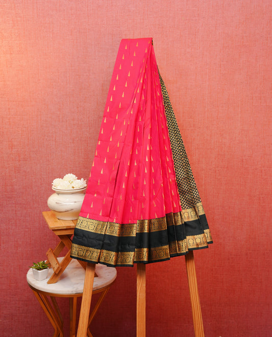 Pink colour silk saree featuring gold zari motifs on body, contrast dark grren with gold zari traditional border, contrast grand pallu comes with matching blouse piece .