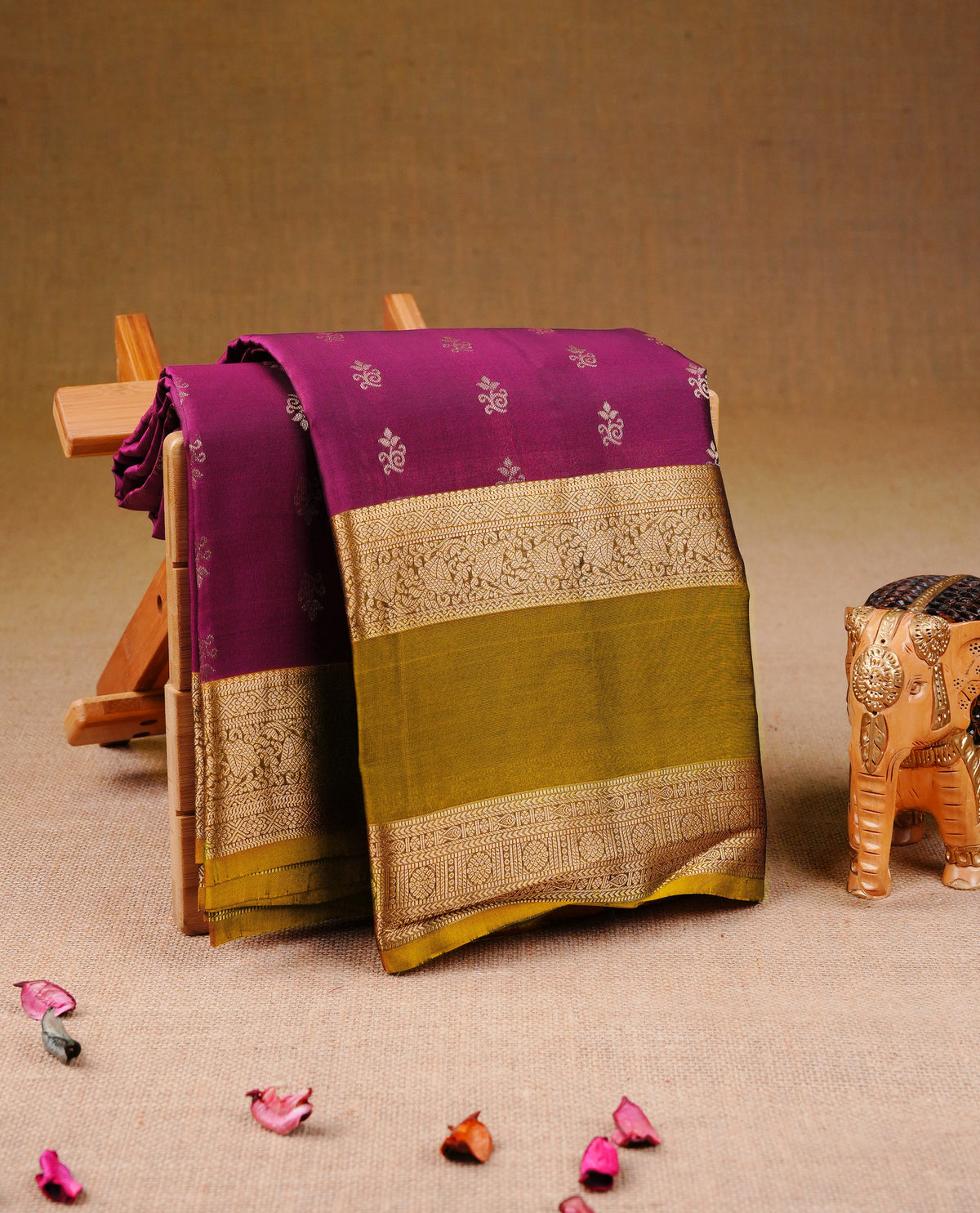 Burgundy colour Traditional Kancheepuram Silk Saree with Elegant Gold Zari Buttas on the Body, Enhanced with a Contrast Mustard olive Colour  with Gold Zari Border and Rich Pallu, Paired with a Matching Blouse Piece.