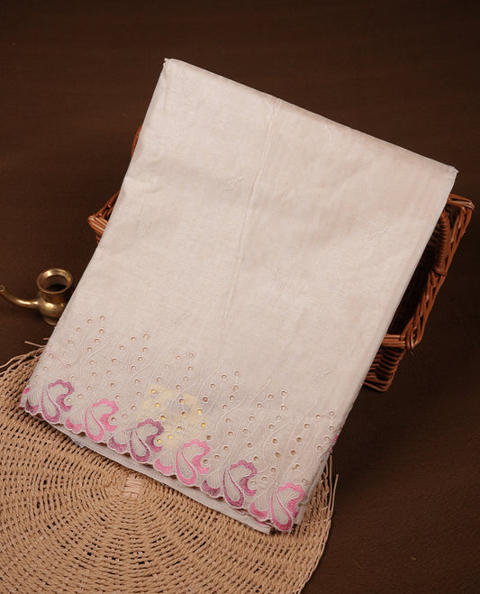 Beige colour Tussar silk saree featuring Elegant plain body, highlighting Light pink colour thread worked scalp border, pallu and paired with matching blouse piece.