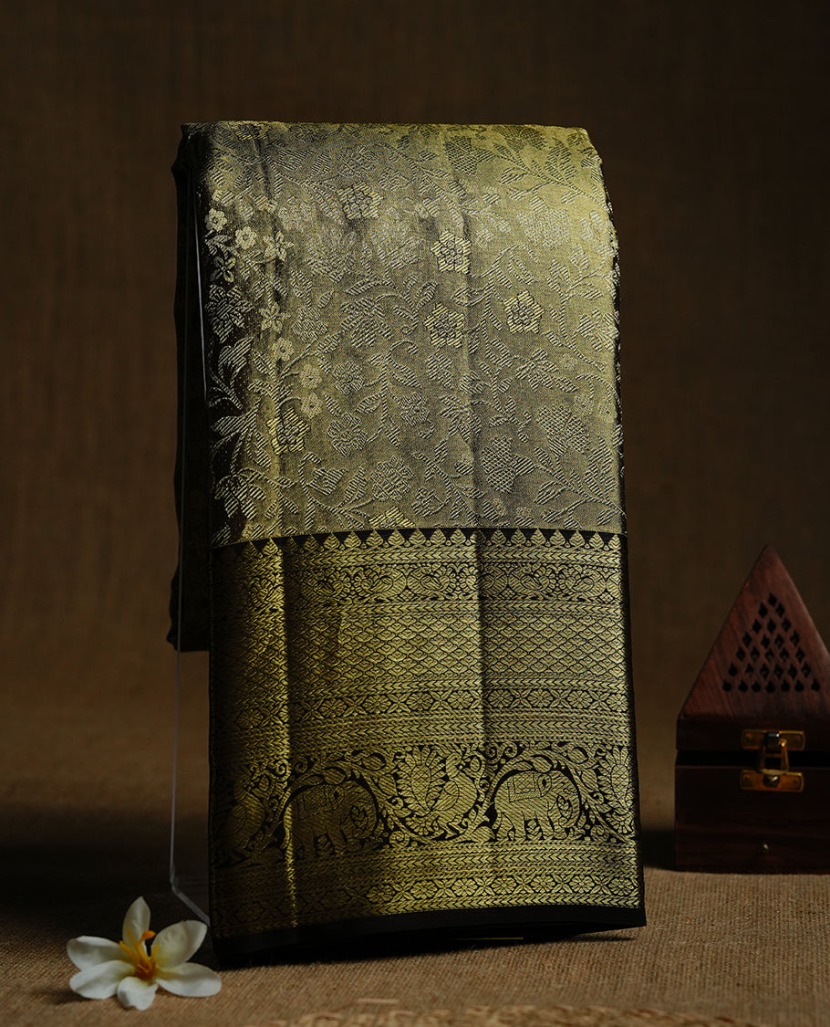 Gold & chocolate brown double shade colour kancheepuram tissue silk saree featuring gold zari floral kodi pattern on body, complemented by contrast chocolate brown colour with traditional border, paired with matching blouse piece.