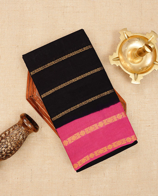 Dark chocolate colour colour Sungudi cotton saree featuring elegant gold zari stripes on the body, complemented by a contrast magenta with gold zari border and pallu, paired with a matching blouse piece