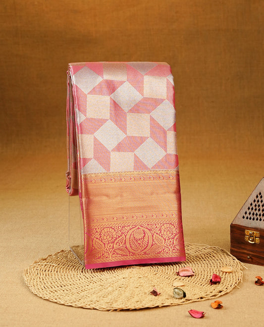Rose Gold Colour Semi Tissue Silk Saree featuring shimmering gold and silver geometric box motifs on the body, complemented by an intricately woven floral zari pallu, a rich pink and gold zari border, and paired with a matching plain blouse piece