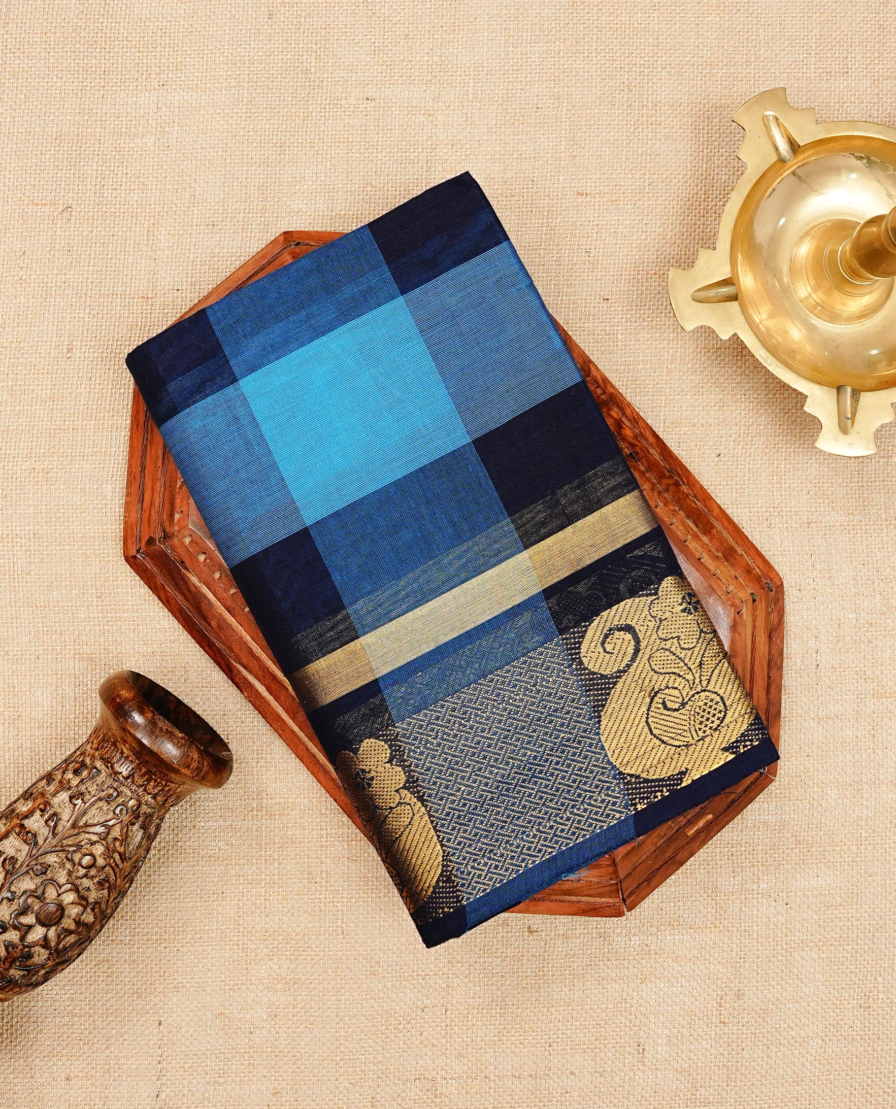 Navy blue & Blue colour chettinad cotton saree featuring check pattern on body, complemented by Self Colour with gold zari border, comes with matching blouse piece.