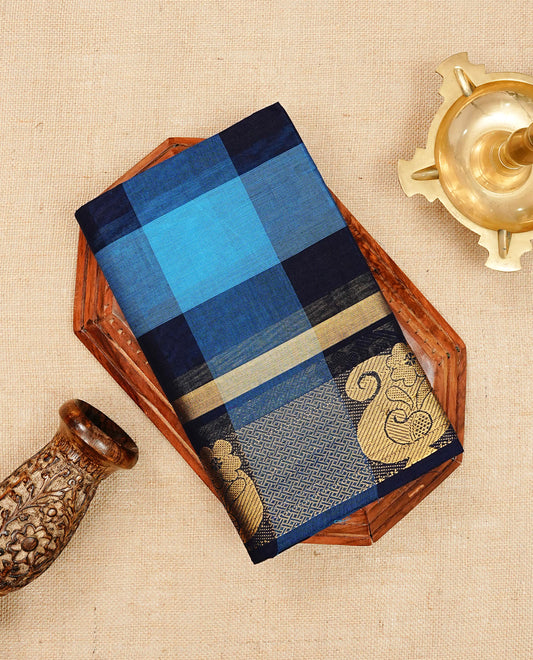 Navy blue & Blue colour chettinad cotton saree featuring check pattern on body, complemented by Self Colour with gold zari border, comes with matching blouse piece.
