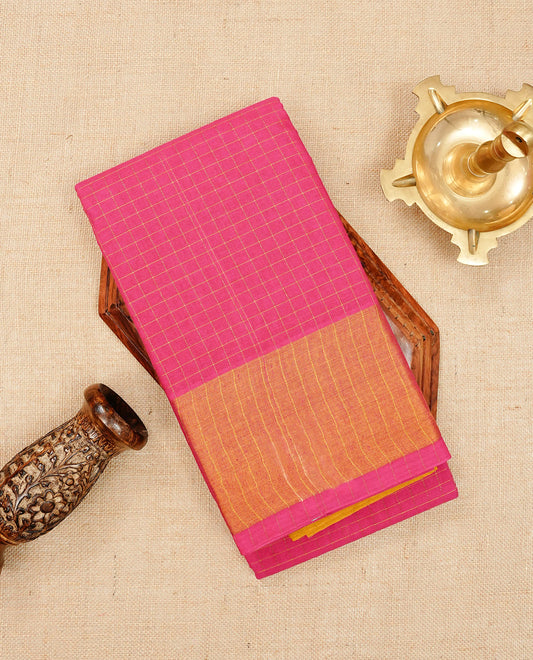 Pink Sungudi cotton saree featuring elegant gold zari checks across the body, complemented by a contrast gold zari border. Comes with a matching blouse piece.