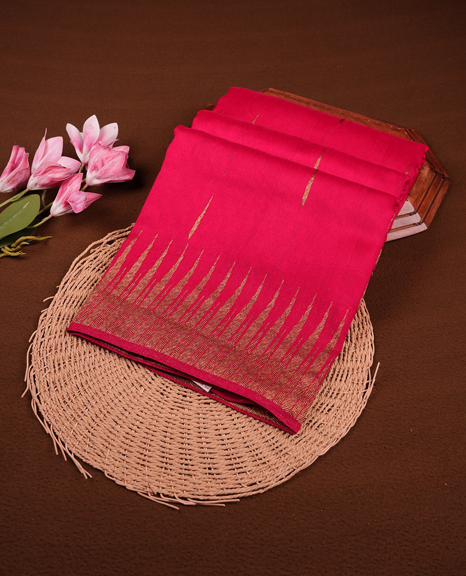 Deep Meganta colour semi banaras tussar georgette saree featuring antique gold zari motifs on body, temple pattern on border and floral pattern on pallu, paired with matching blouse piece.