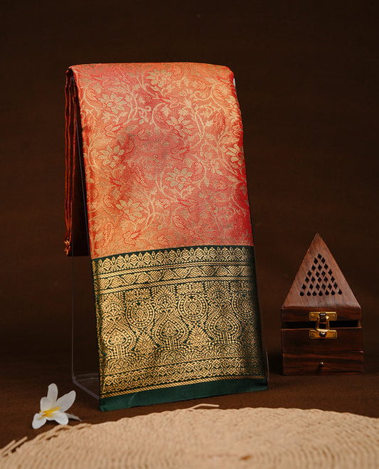 Red & gold double shade colour semi tissue silk saree featuring gold zari floral kodi pattern on body, contrast Green colour with gold zari traditional border, paired with matching blouse piece.