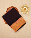 Dark Wine colour Narayanapattu cotton saree with a plain body, complemented by a Mustard Colour with Gold zari border & contrast pallu, paired with a matching blouse piece.