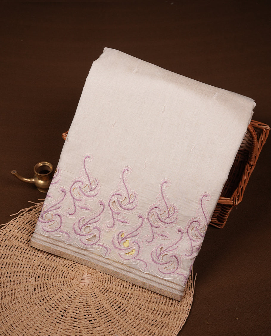Beige colour Tussar silk saree featuring Elegant plain body, highlighting Pink colour cut work with gold zari border, pallu and paired with matching blouse piece.