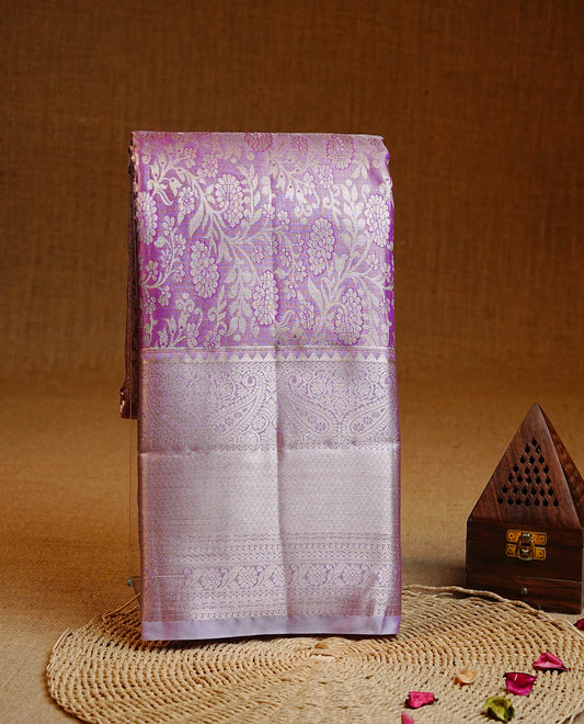 Purple & Gold Double shade Semi Tissue Silk saree featuring Light gold Kodi pattern on body, complemented by Contrast Lavender with gold zari border, paired with matching blouse piece.