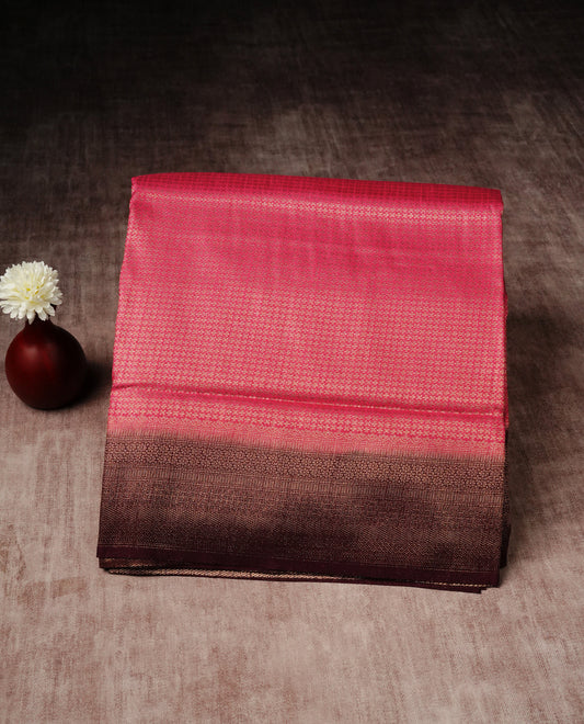 Pink colour softie silk saree featuring gold zari, rich pallu brocade body, with contrasting maroon colour border.paired with matching blouse piece.