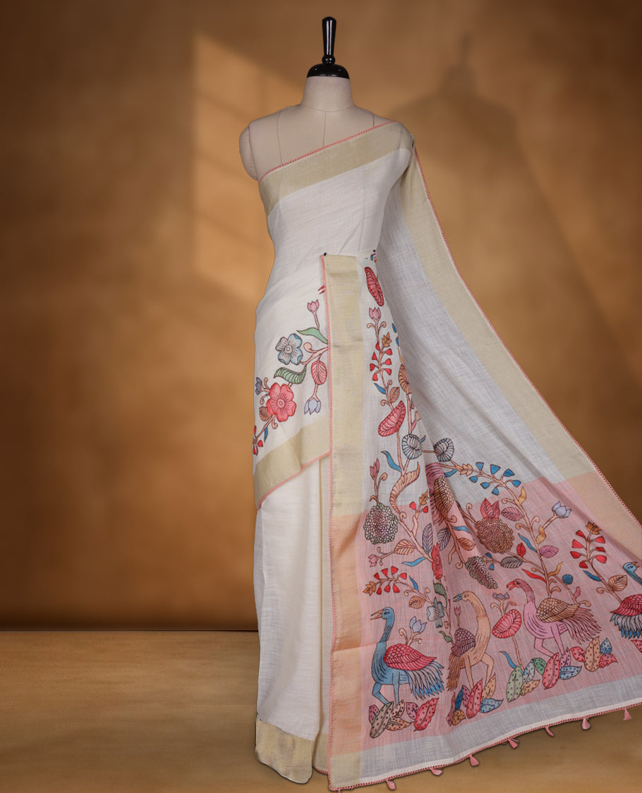 Cream colour cotton linen silk saree featuring Floral  & brids printed pattern on body, golden simple border with Peach colour pallu and comes with a matching blouse