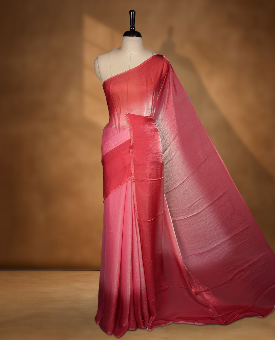 Brick red Colour Soft Shine Fendy Chiffon Saree, with plain body with contrast border, without blouse.
