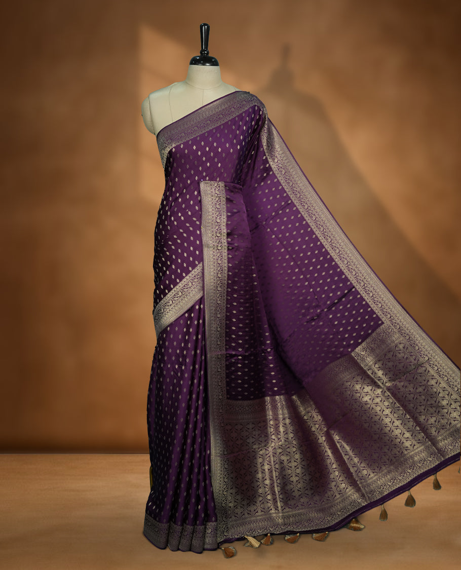 Purple Colour Semi Banaras Satin Crepe Saree with Silver Zari Buti Motifs, Traditional Banarasi Border Design, Woven Pallu with Geometric Patterns, Decorative Tassels, with Matching Blouse