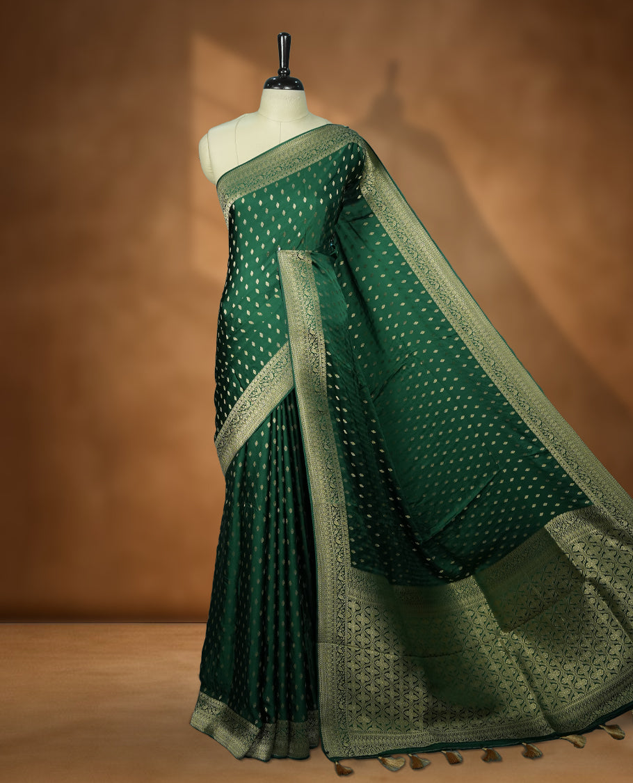 Green Colour semi Banaras satin crepe saree with Gold Zari Leaf Motifs, Traditional Dark Green Border, Elaborate Woven Pallu, Decorative Tassels with Matching Blouse
