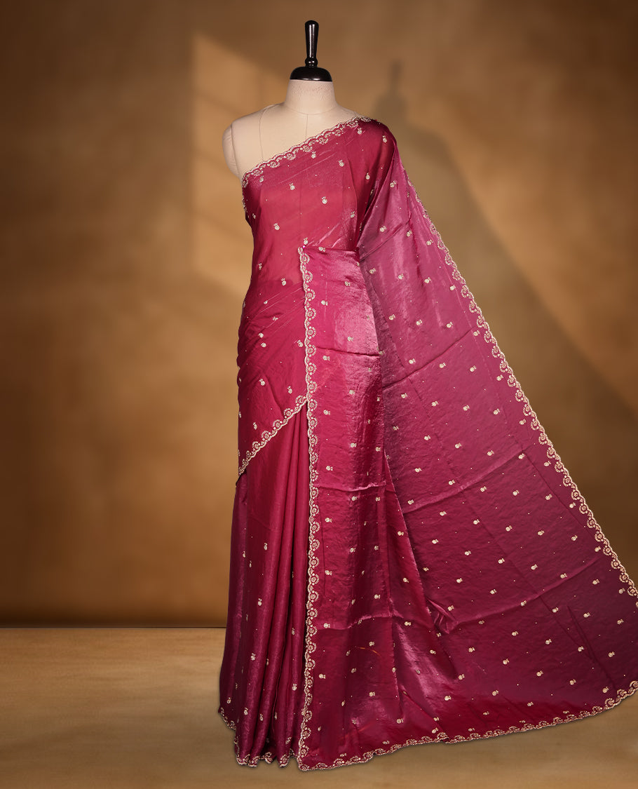 Cranberry pink Colour velvet Chiffon Designer Saree featuring Delicate White Stone motifs on Body, with Stone Detailing on the Border and Pallu, paired with a Matching Blouse.